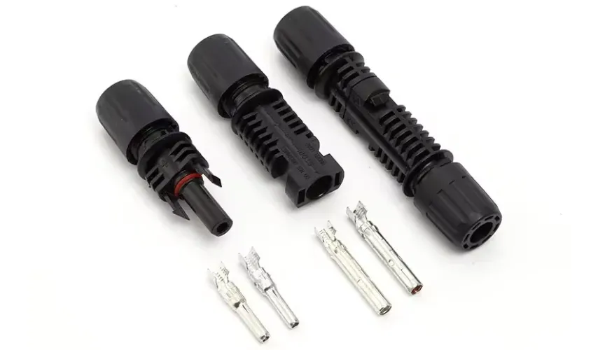 MC4 connectors consist of a male connector (left) and a female connector (middle), which connect together (right)